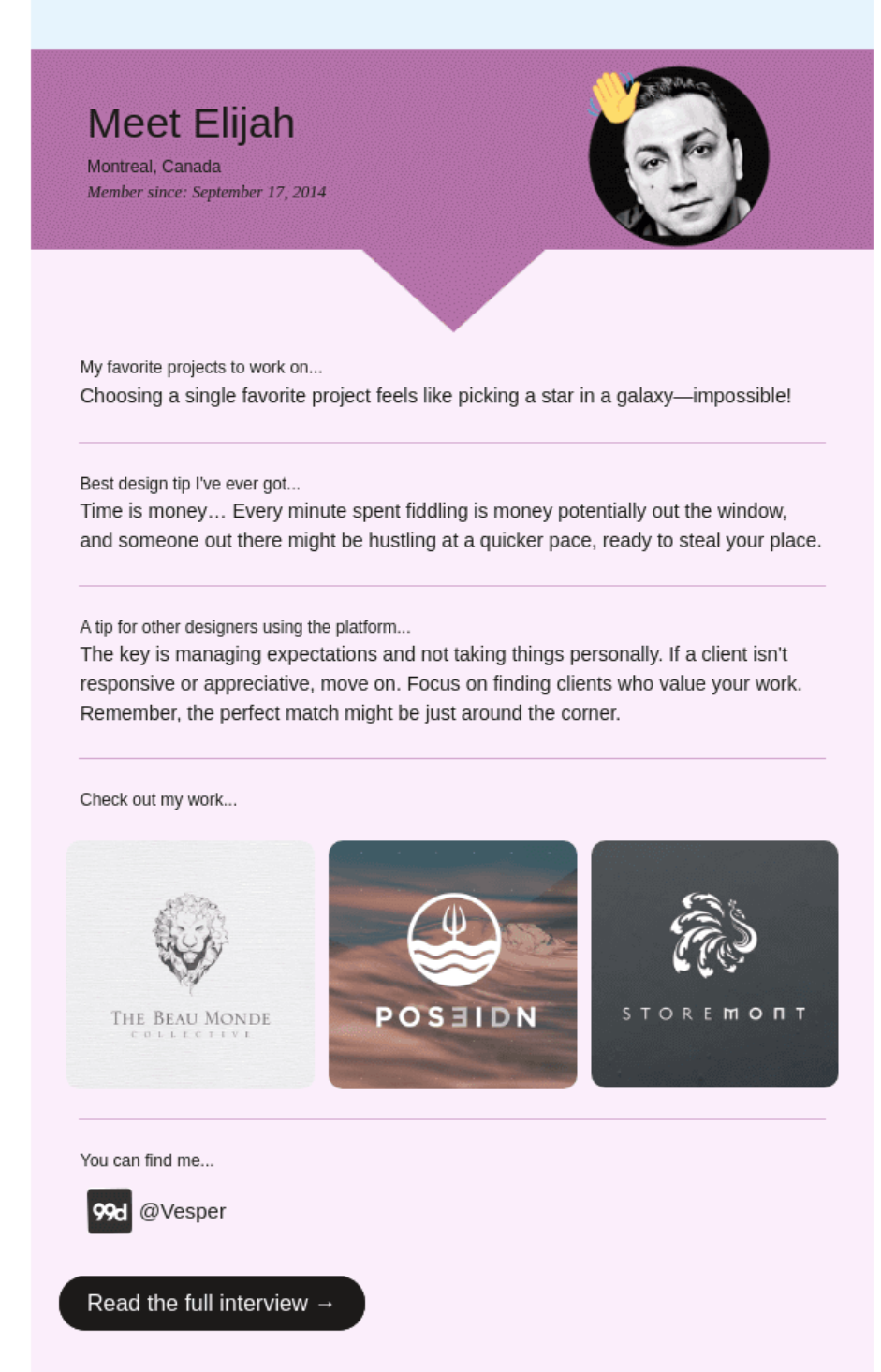 Design tips from a user named Elijah featured by 99designs in their newsletter.